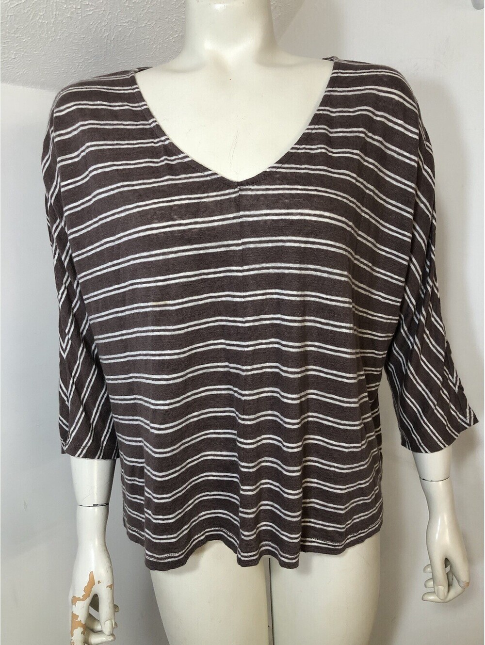 Garnet Hill Womens XL Brown White Stripe 100% Organic Linen V Neck Top 3/4 Sleev